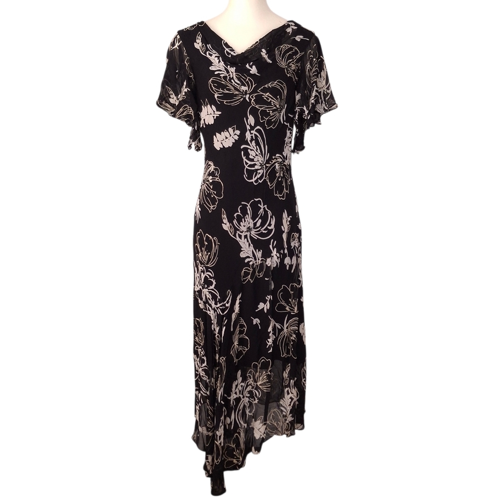 Eva Blue Y2K maxi dress floral beaded asymmetric hem cowl neck whimsigoth black